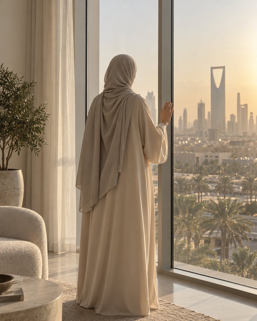 امرأة خليجية تنظر إلى المدينة من نافذة منزلها